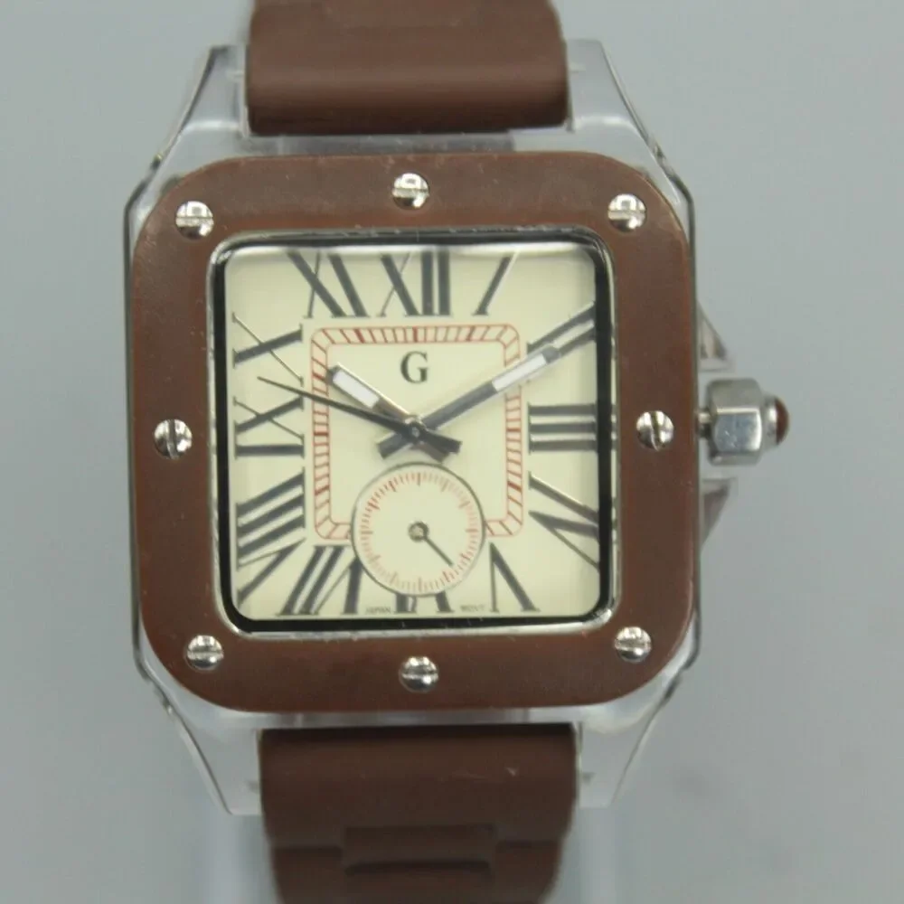 Gossip Unisex Watch Square Dial Brown Bezel Silicone Strap Transparent Case